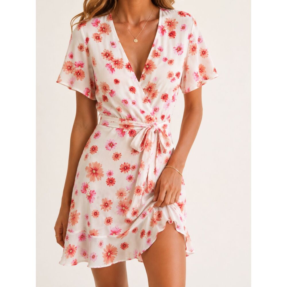 Sadie‎ & Sage Floral Wrap Dress Cottagecore Tie Waist Ruffle Hem White Pink S